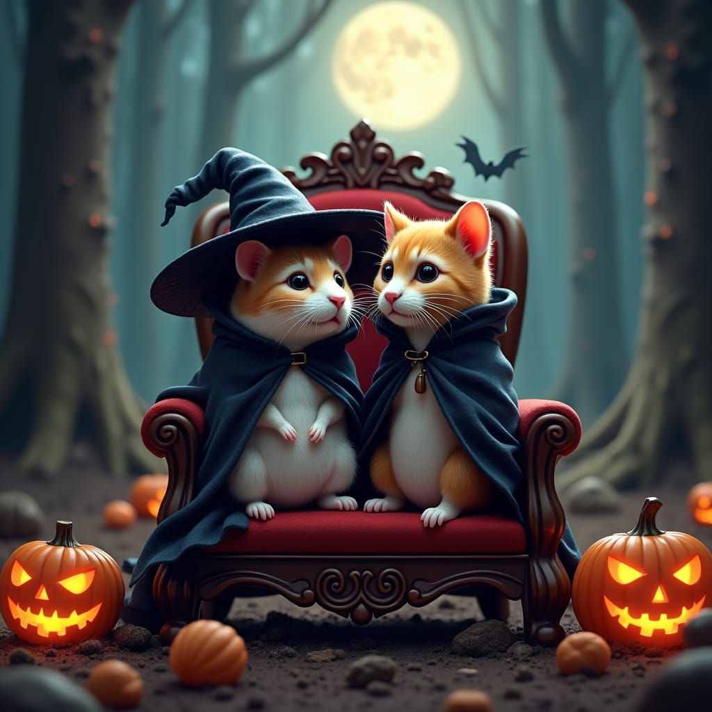 Hamster Witch and Vampire Cat on Halloween Throne