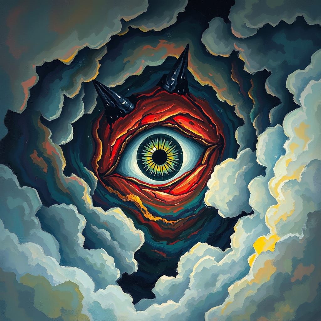 Demonic Eye in Swirling Vortex, Gouache Impasto Style