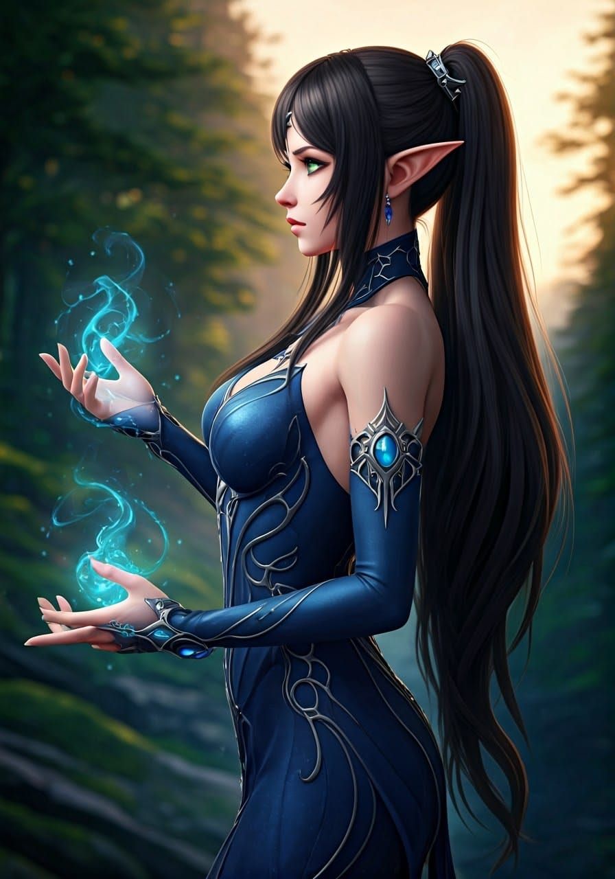 Ethereal Elf Maiden Channels Magic in Vibrant Forest Valley