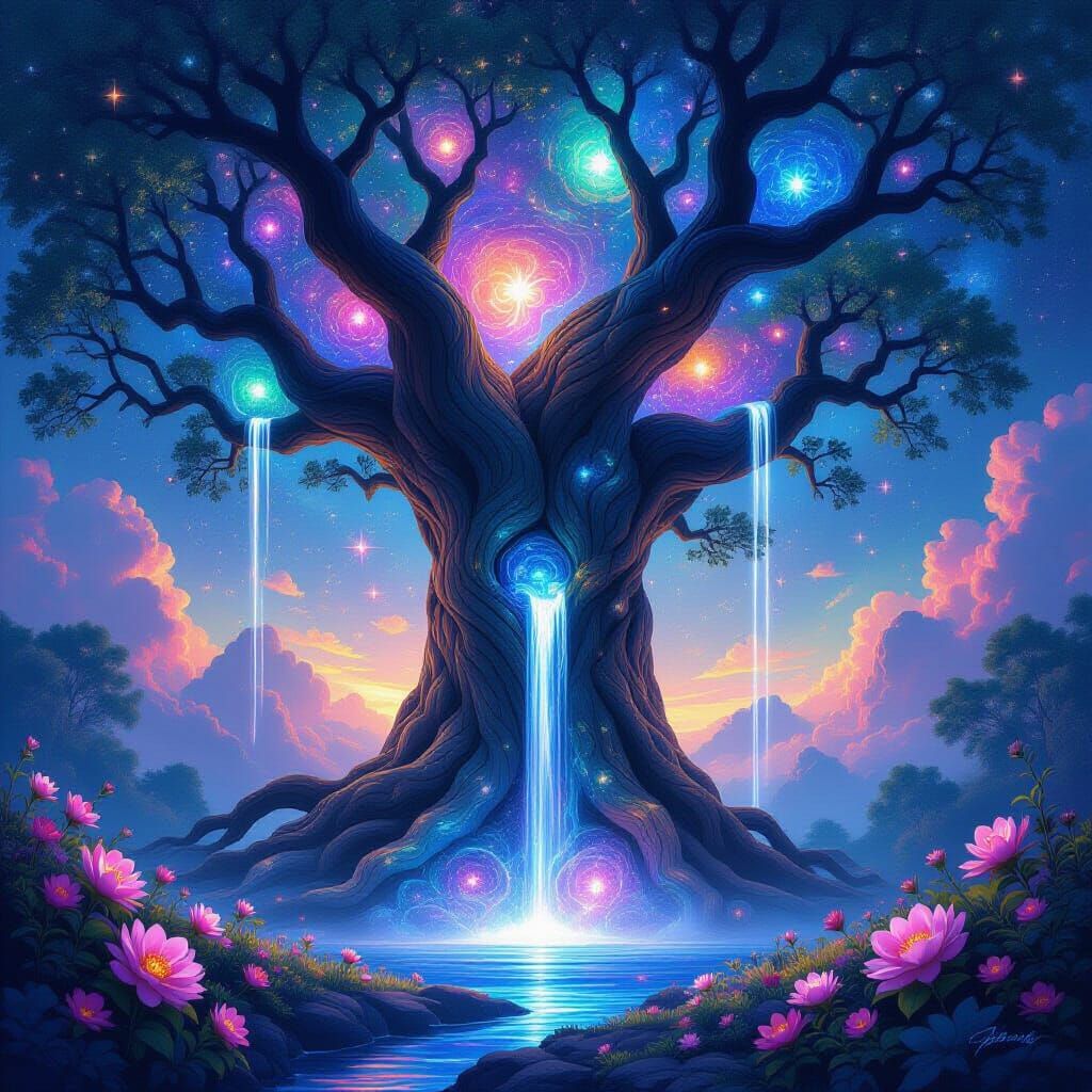 Cosmic Tree of Worlds Amidst Celestial Blooms