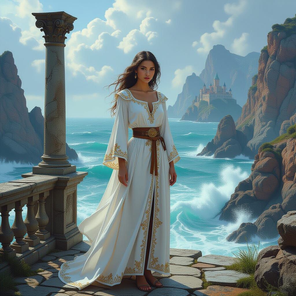 Renaissance Woman on Stone Bridge in Dramatic Landscape