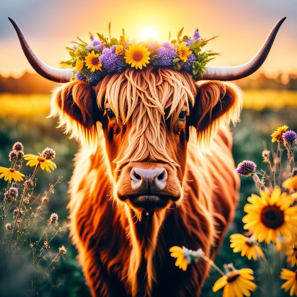 Highland Cow with Flower Crown: Professional Photography
