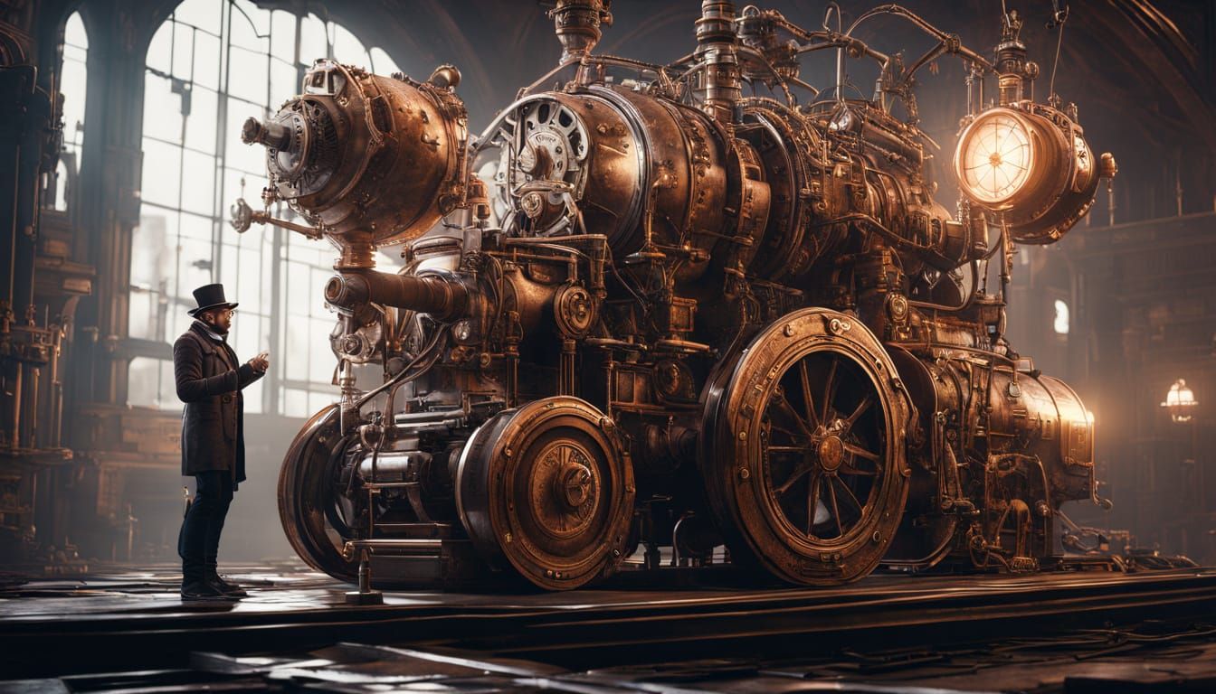 Steam-Powered Inventor Triumphs in Golden Light