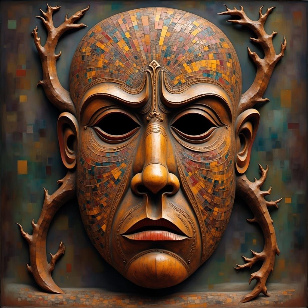 Ancient Carved Wooden Mask with Scottish Plaid