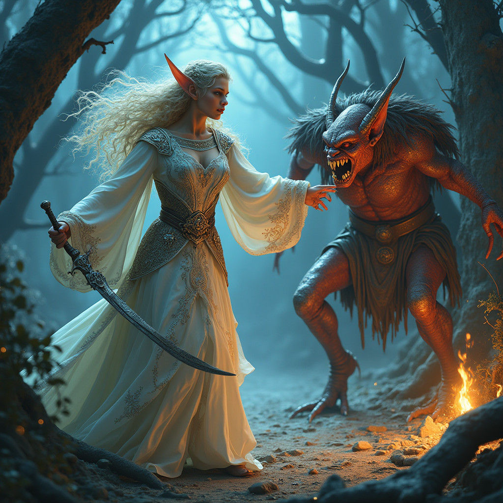 Elf Wizard Battles Goblin in Mystical Forest