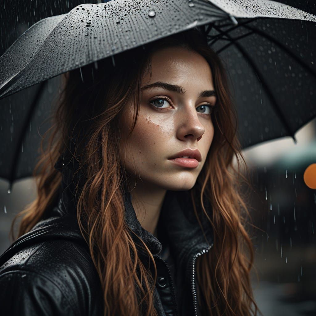 Black and White Portrait of Girl in Summer Rain