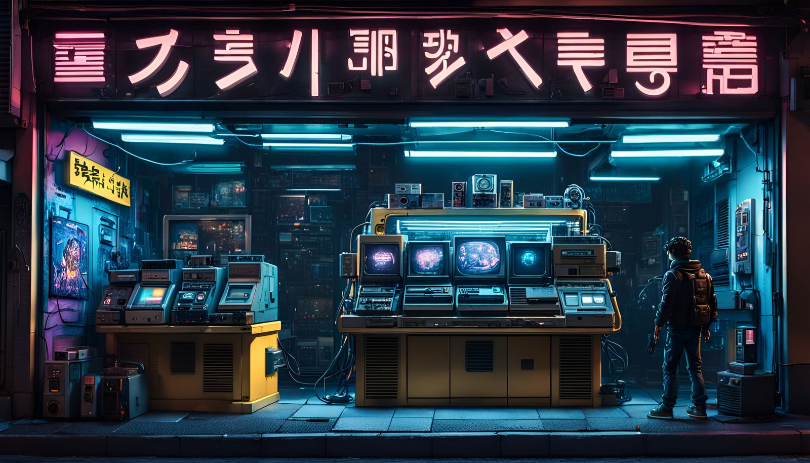 Cyberpunk Shop Window with Retro Electronics at Night