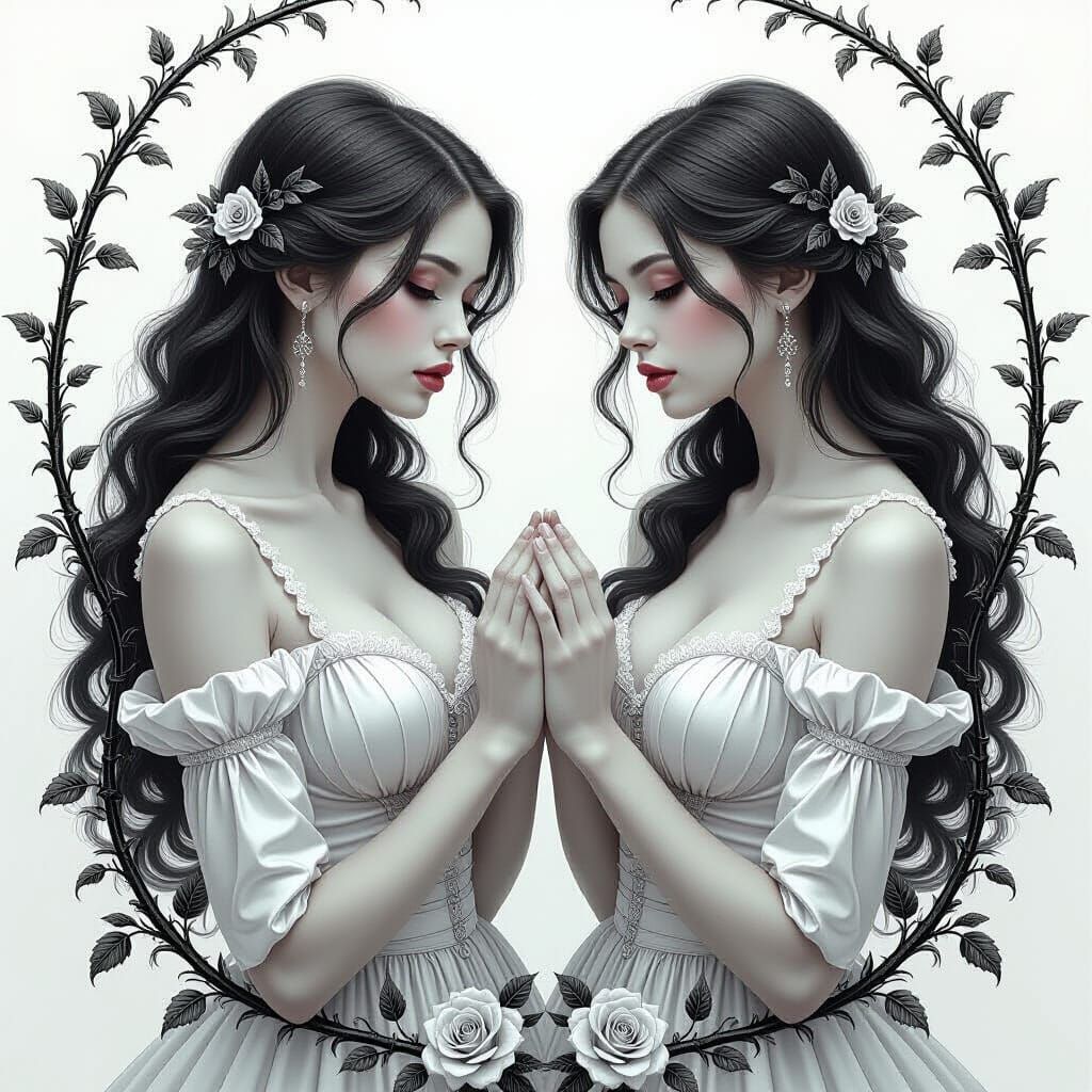 Mirrored Women in Elegant Graphite Pencil Sketch