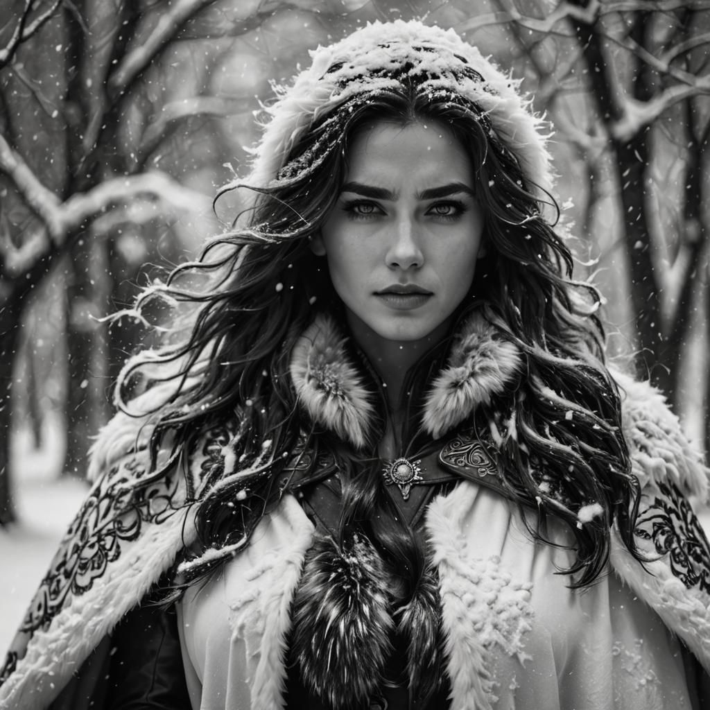 Monochrome Portrait of Fur-Clad Character in Snow