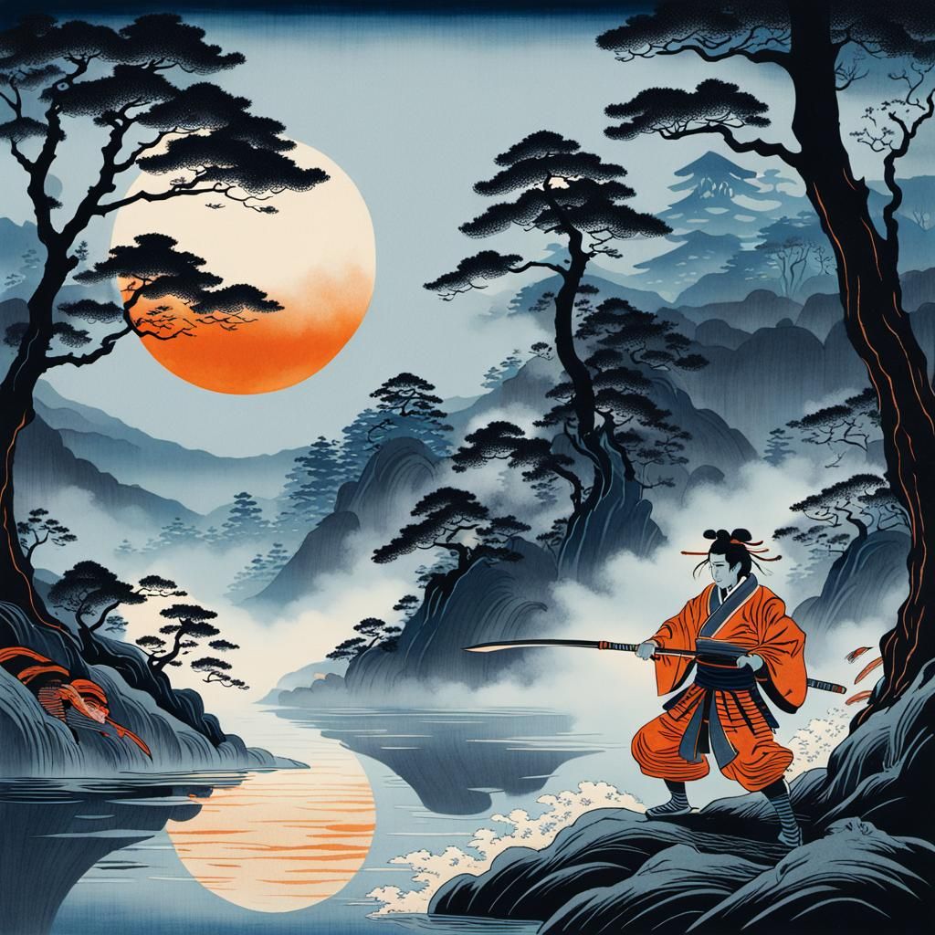 Samurai Defending Geisha from Oni in Ukiyo-e Style