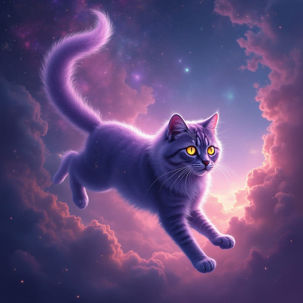 Cosmic Cat Leaps Through Nebula in Digital Art