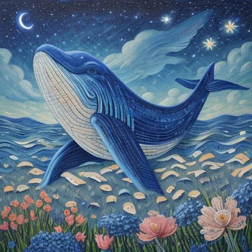 Blue Whale in Flower Field: Baroque Naive Art
