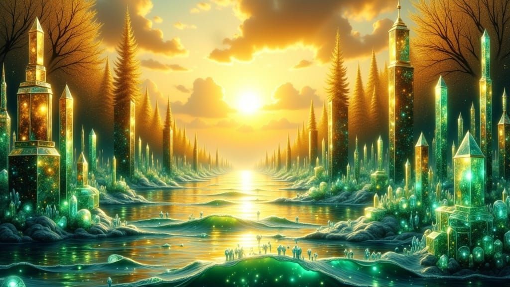 Emerald Crystal City by Liquid Gold Lake at Sunset