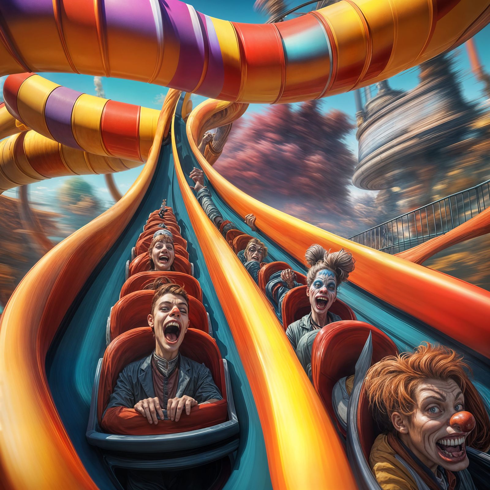 Hyperrealistic Theme Park Ride with Creepy Characters