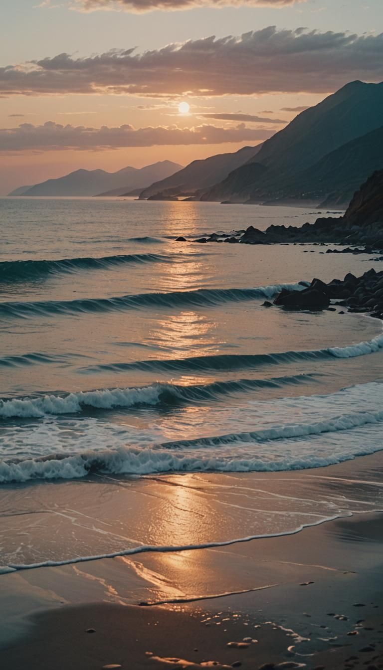 Cinematic Sunset Over Mountainous Ocean Landscape
