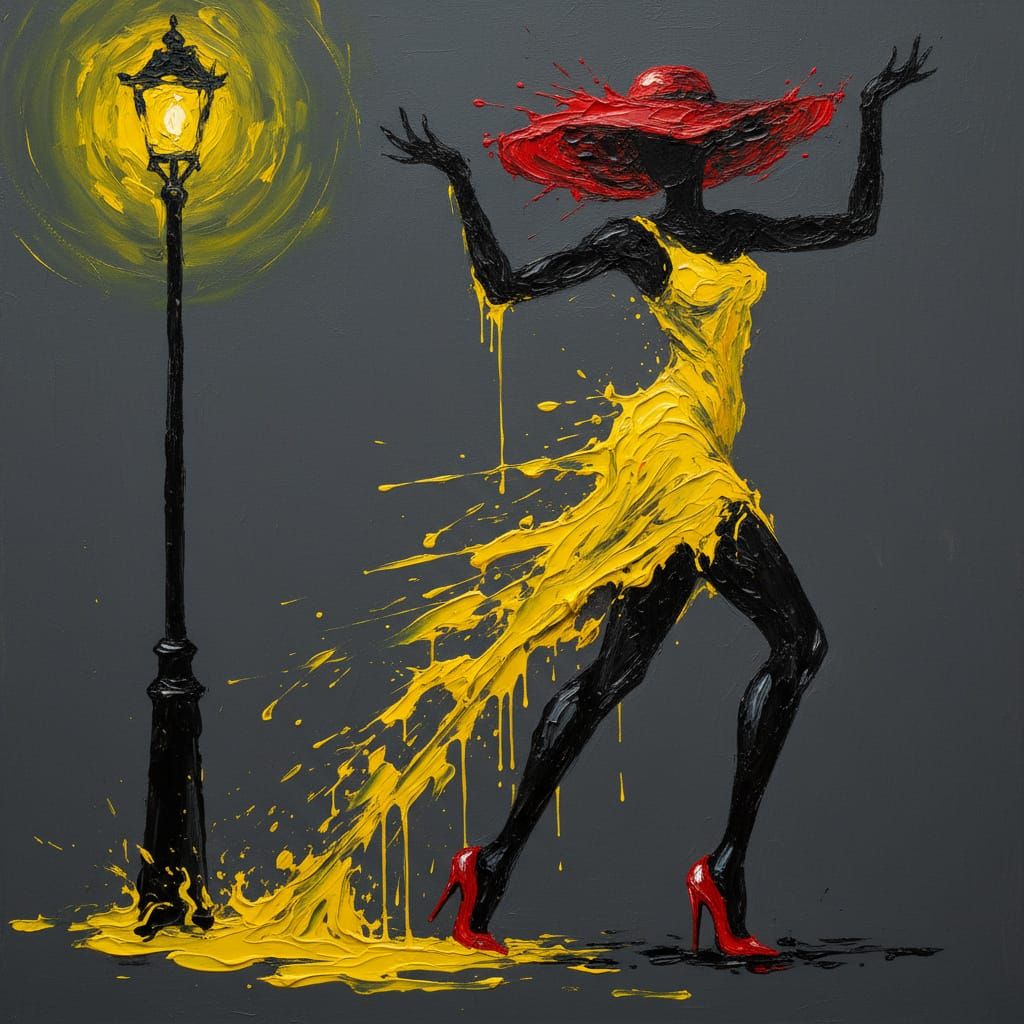 Abstract Woman in Red Hat and Yellow Dress with Lamppost