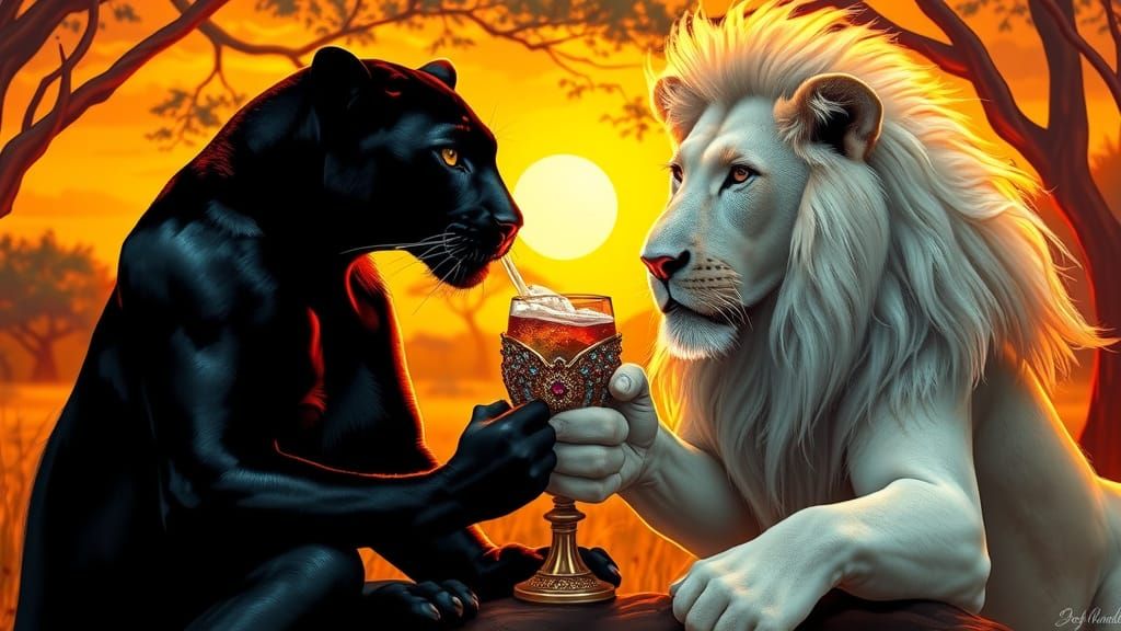 black panther and white lion sharing a drink