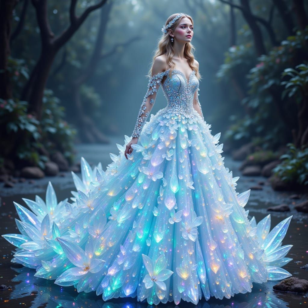 Hyperdetailed Pearlescent Floral Crystal Dress