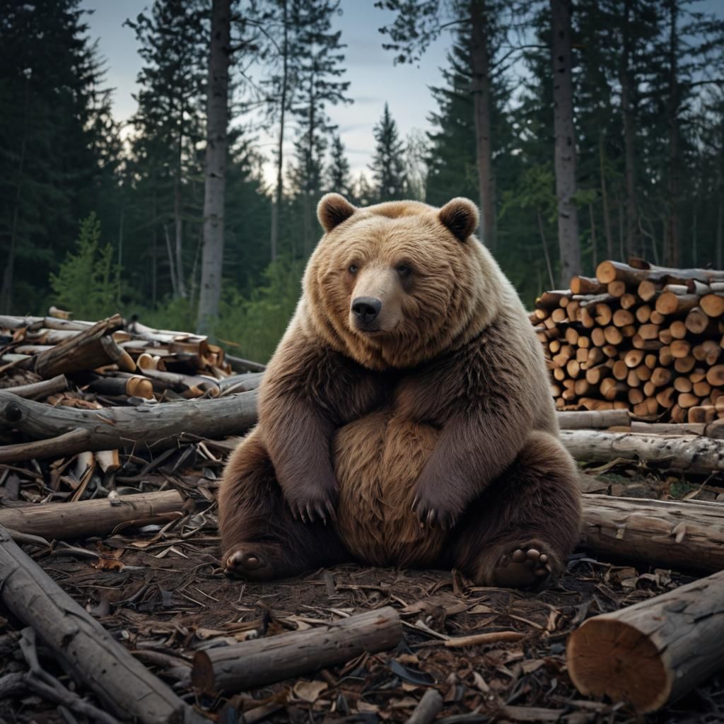 Sad Bear in Dusk Woodland: Panoramic Photograph