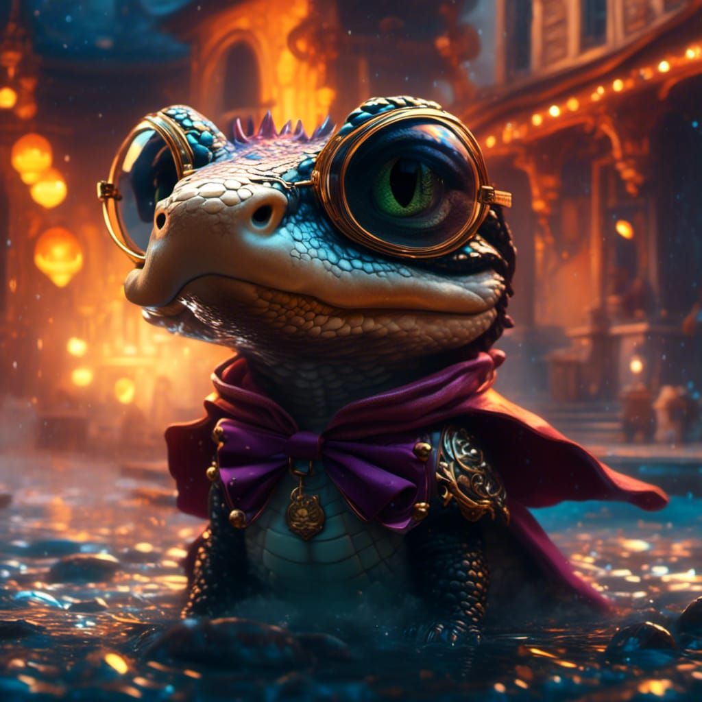 Rococo Alligator in Pastel Village, Photorealistic Chibi