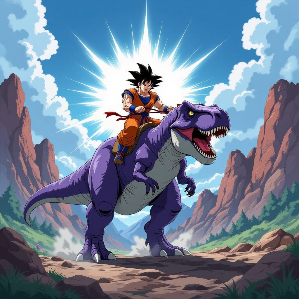 Goku Rides a Purple T-Rex with Ultra Instinct Aura