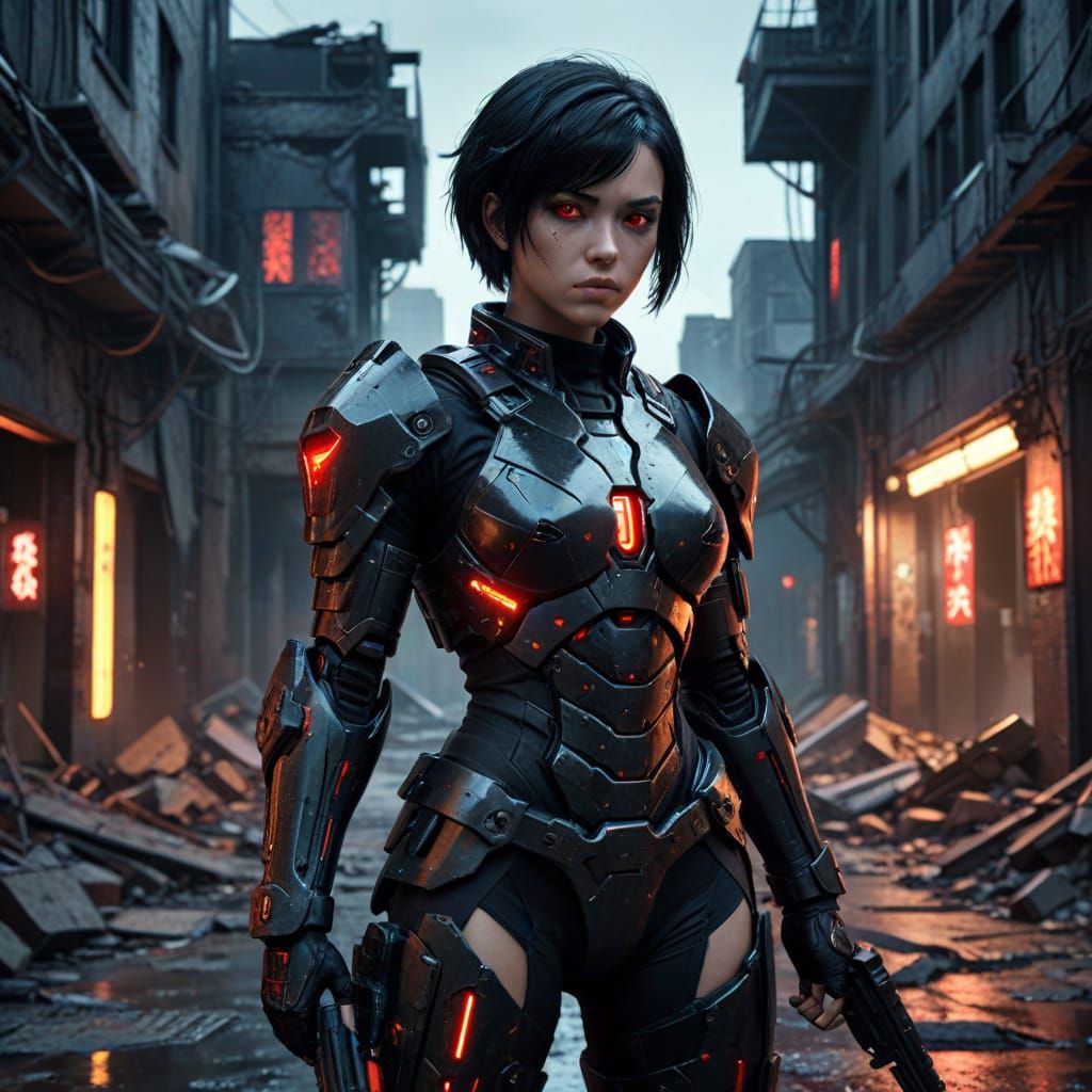 Cyberpunk Woman with Futuristic Armor in Dystopian Alley