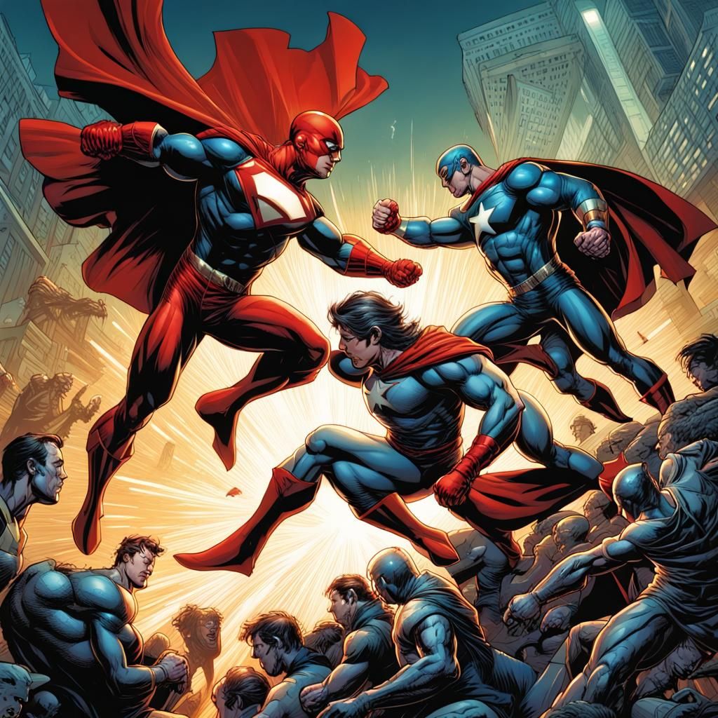 Dynamic Superhero Battle in Comic Book Style