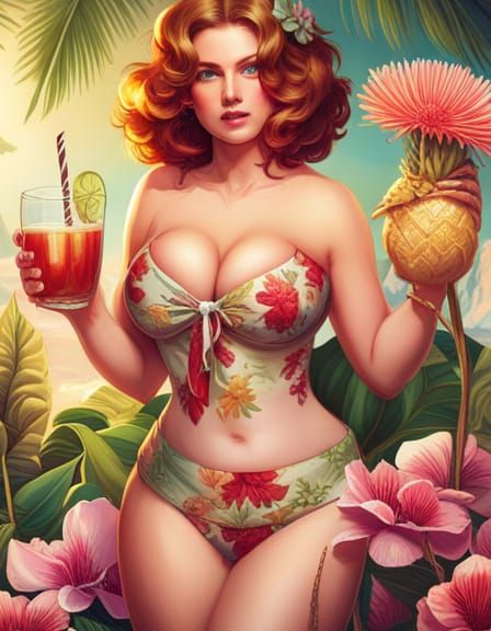 Redhead Luau Hostess in Voluptuous Digital Portrait