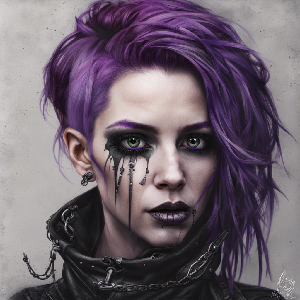 Gothic Woman with Purple Hair in Cyberpunk Portrait