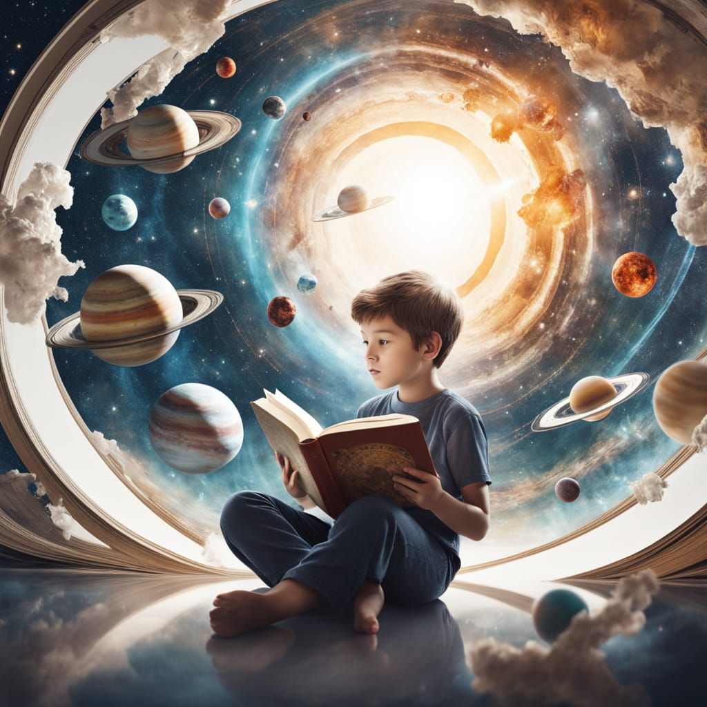 Young Boy's Cosmic Imagination Unfolds in a Dreamy Double Ex...
