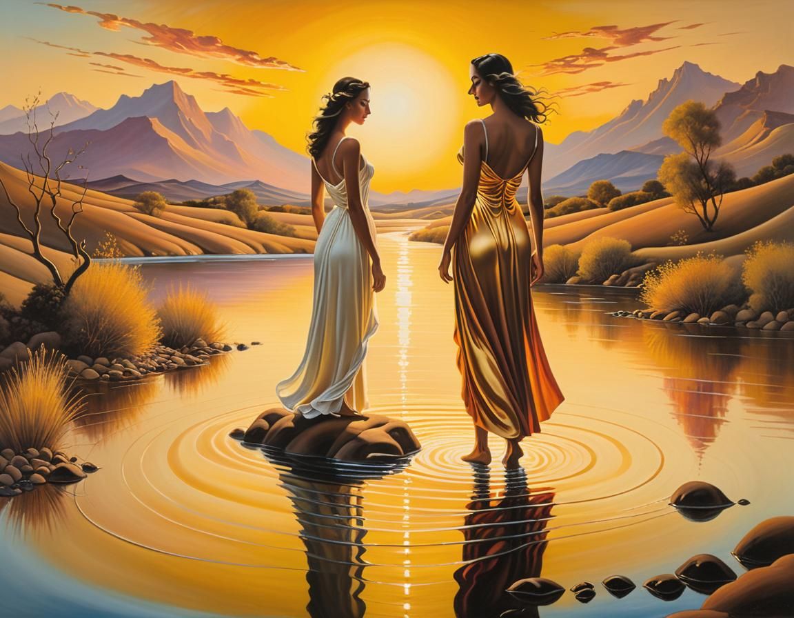 Surreal Sunset Riverbank Oil Painting in Dali Style