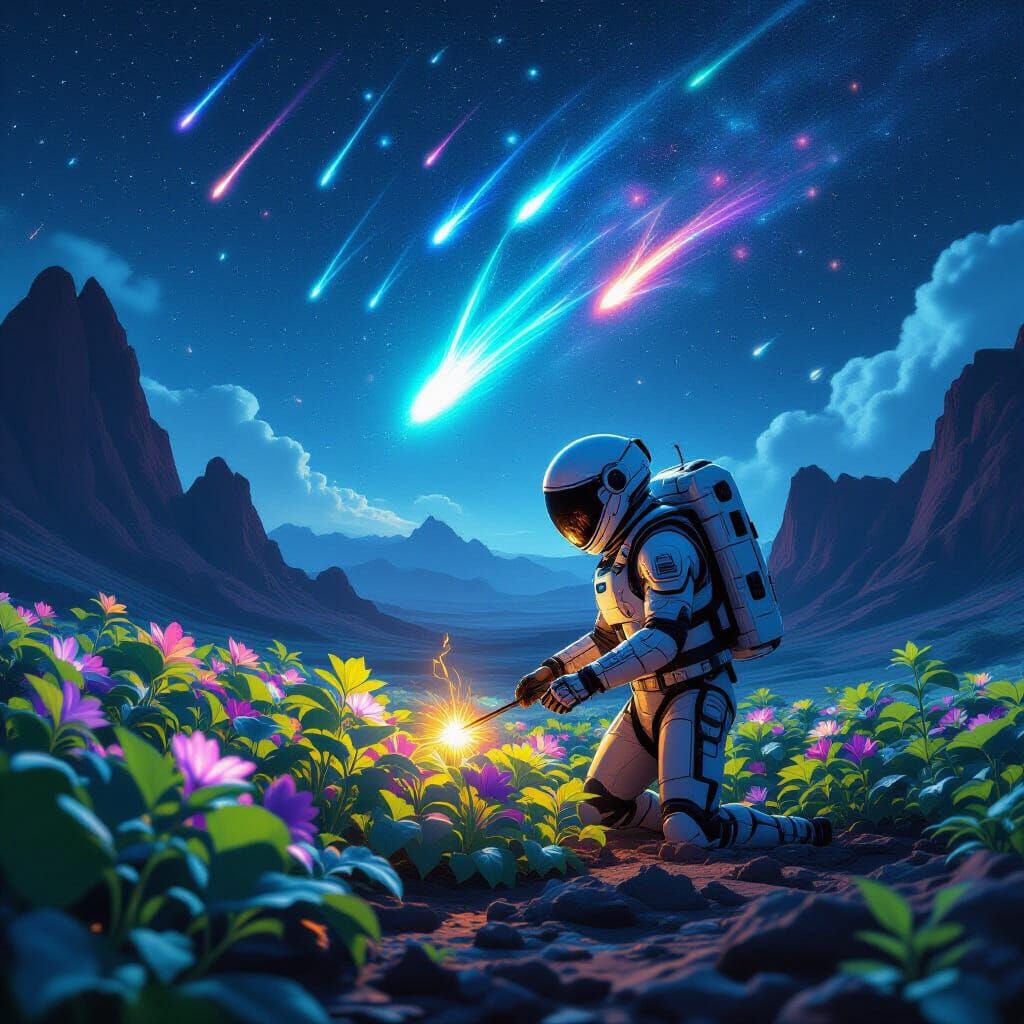 Astronaut Farmer on Alien Planet in Meteor Shower