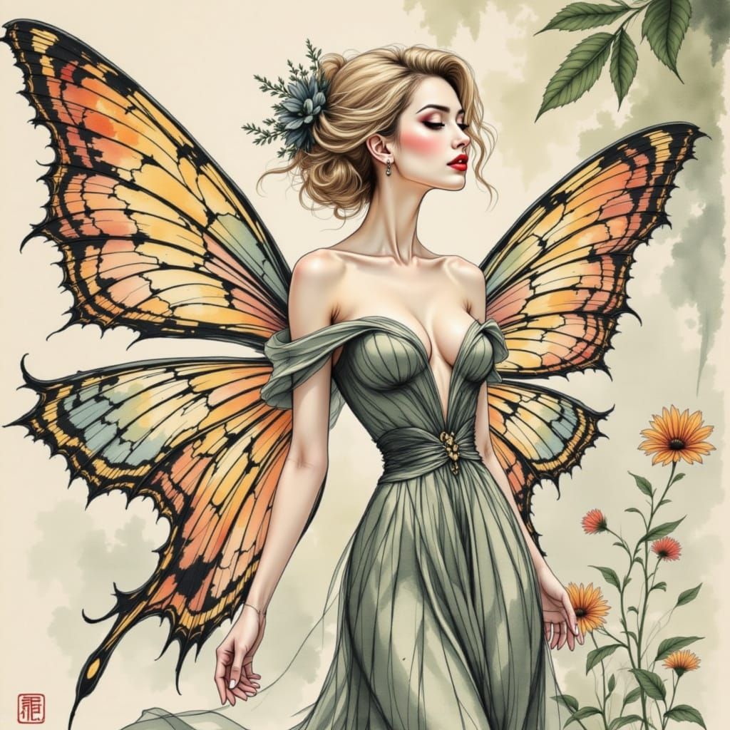 Garden Fairy with Stained Glass Wings in a Lempicka-Inspired...