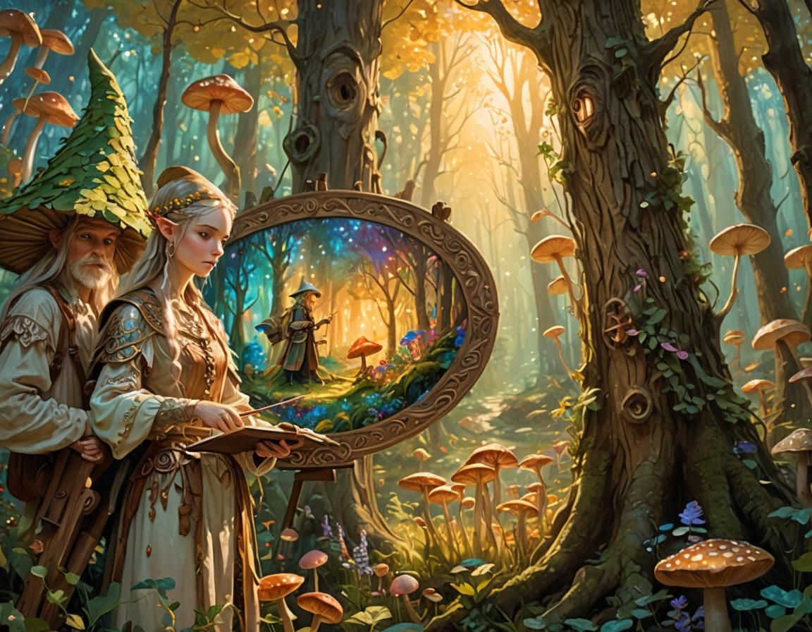 Elven Artist Painting in Magic Forest, Watercolor Style