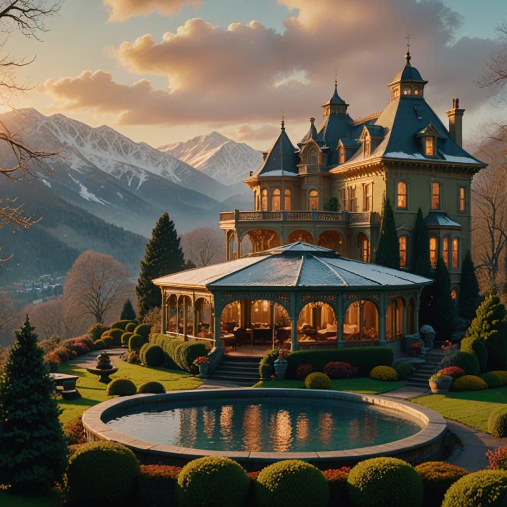 Victorian Mansion at Mountain Summit in Bierstadt Style