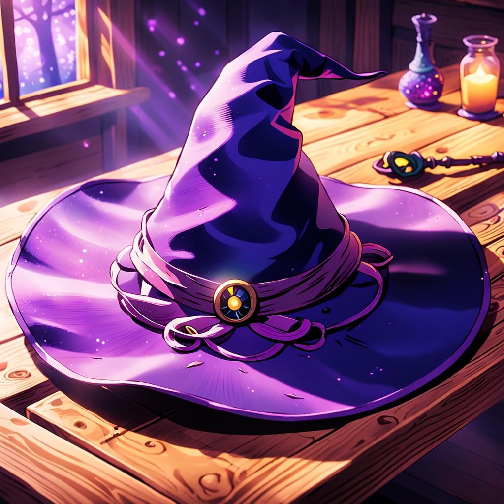 Purple Witch Hat on Wooden Table in Anime Style