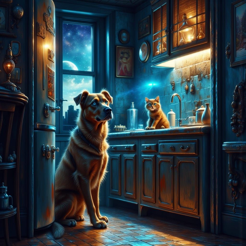 Mischievous Midnight Kitchen Caper in Cartoon Style