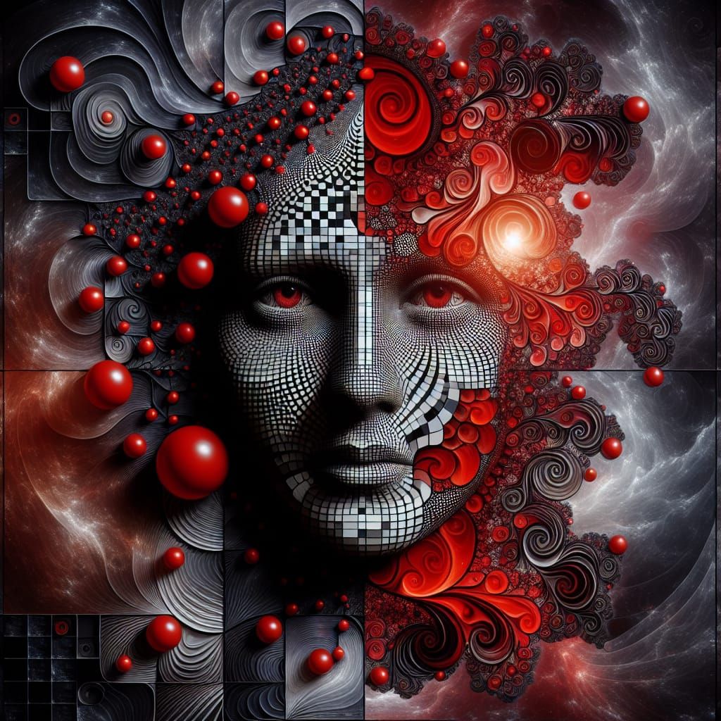 Transdimensional Portrait Emerging from Checkerboard Pattern...