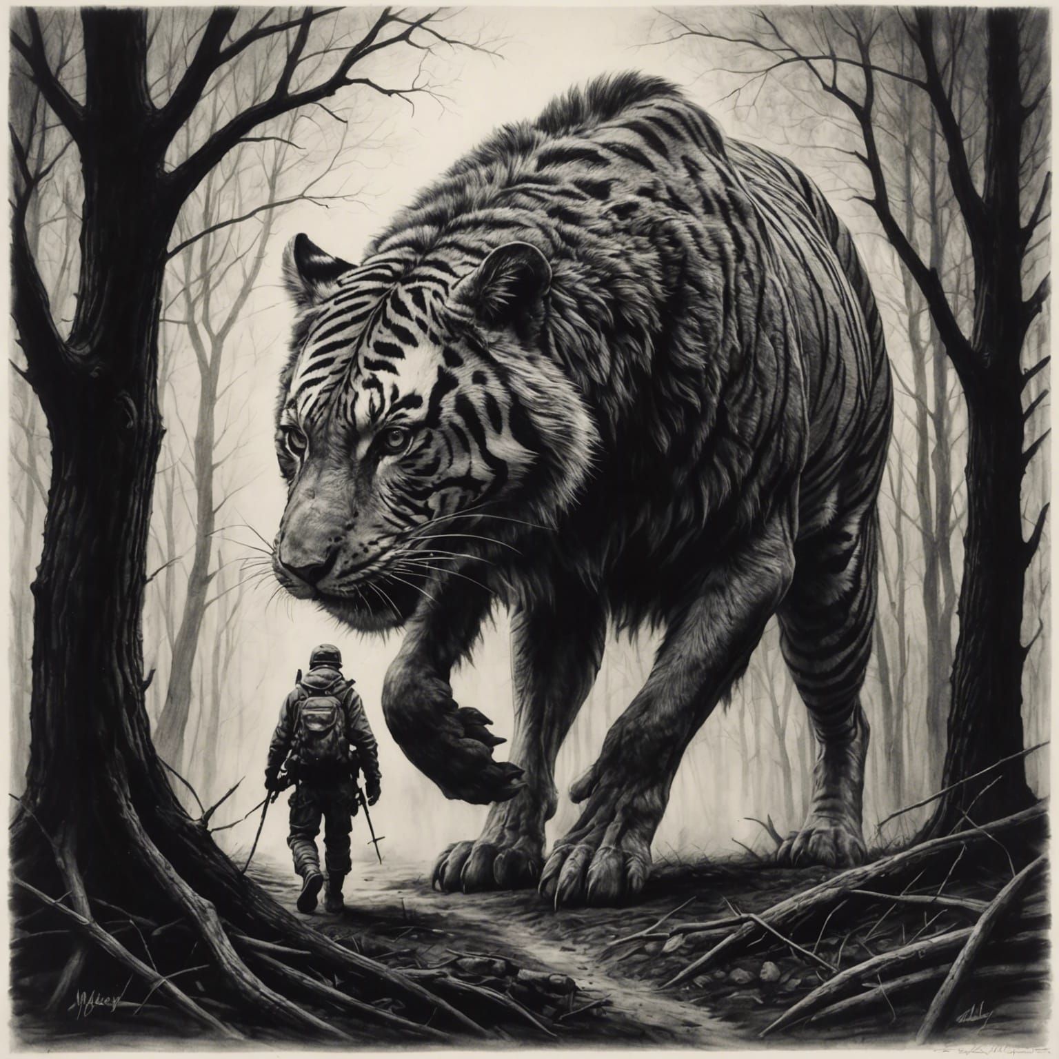 Hyperdetailed Charcoal Drawing of Predator Stalking Prey