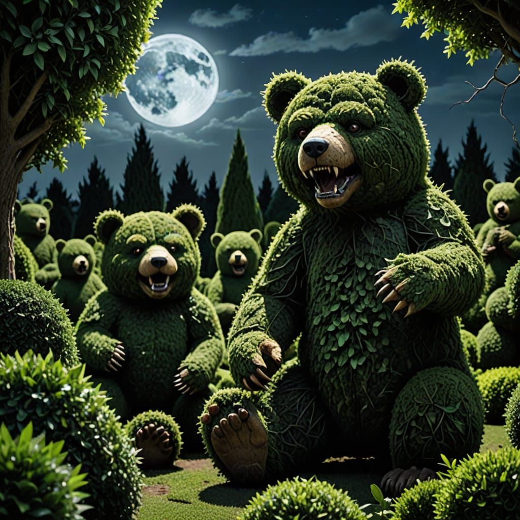 Aggressive Topiary Teddy Bears in Moonlight