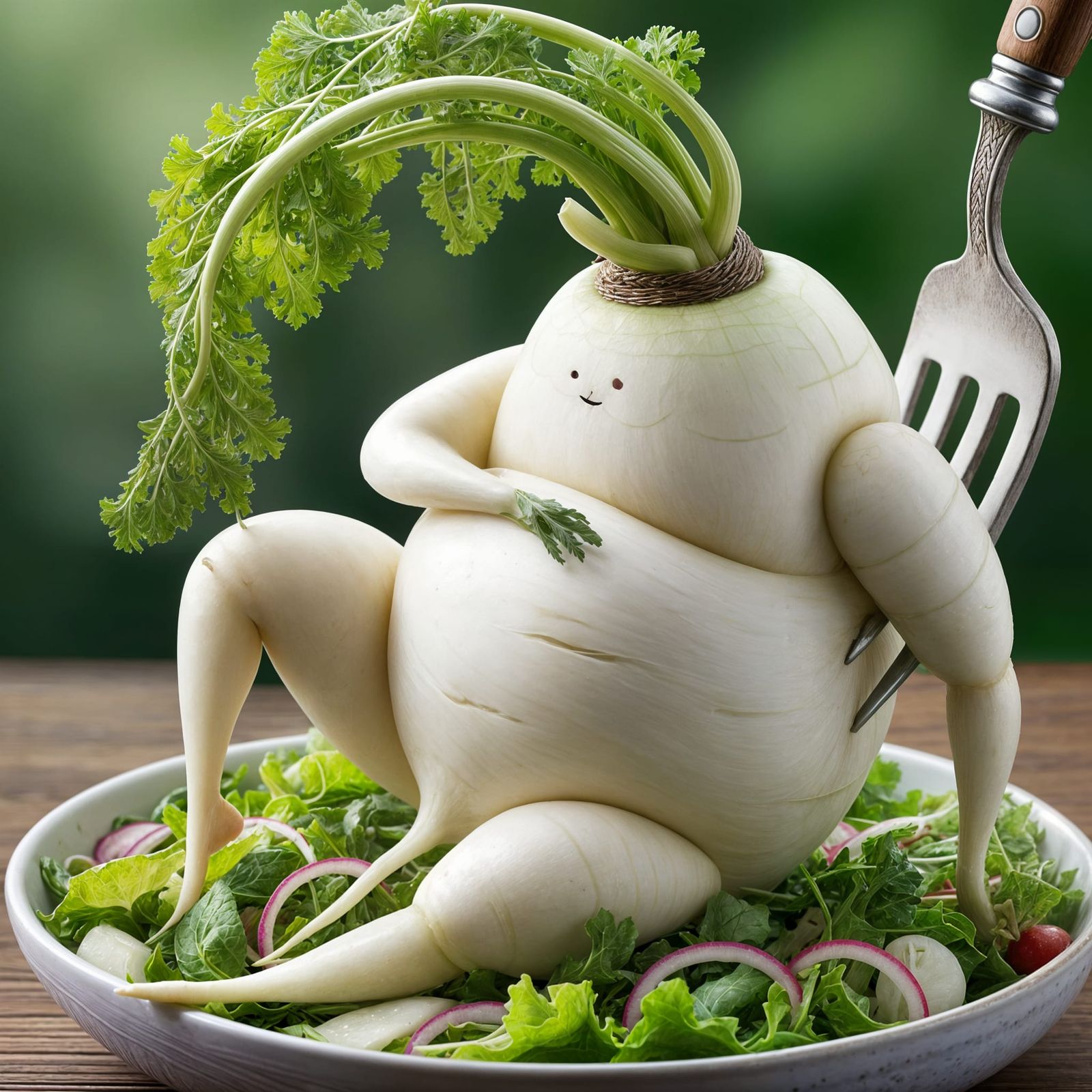 Daikon Radish in Provoking Posture Offers Salad