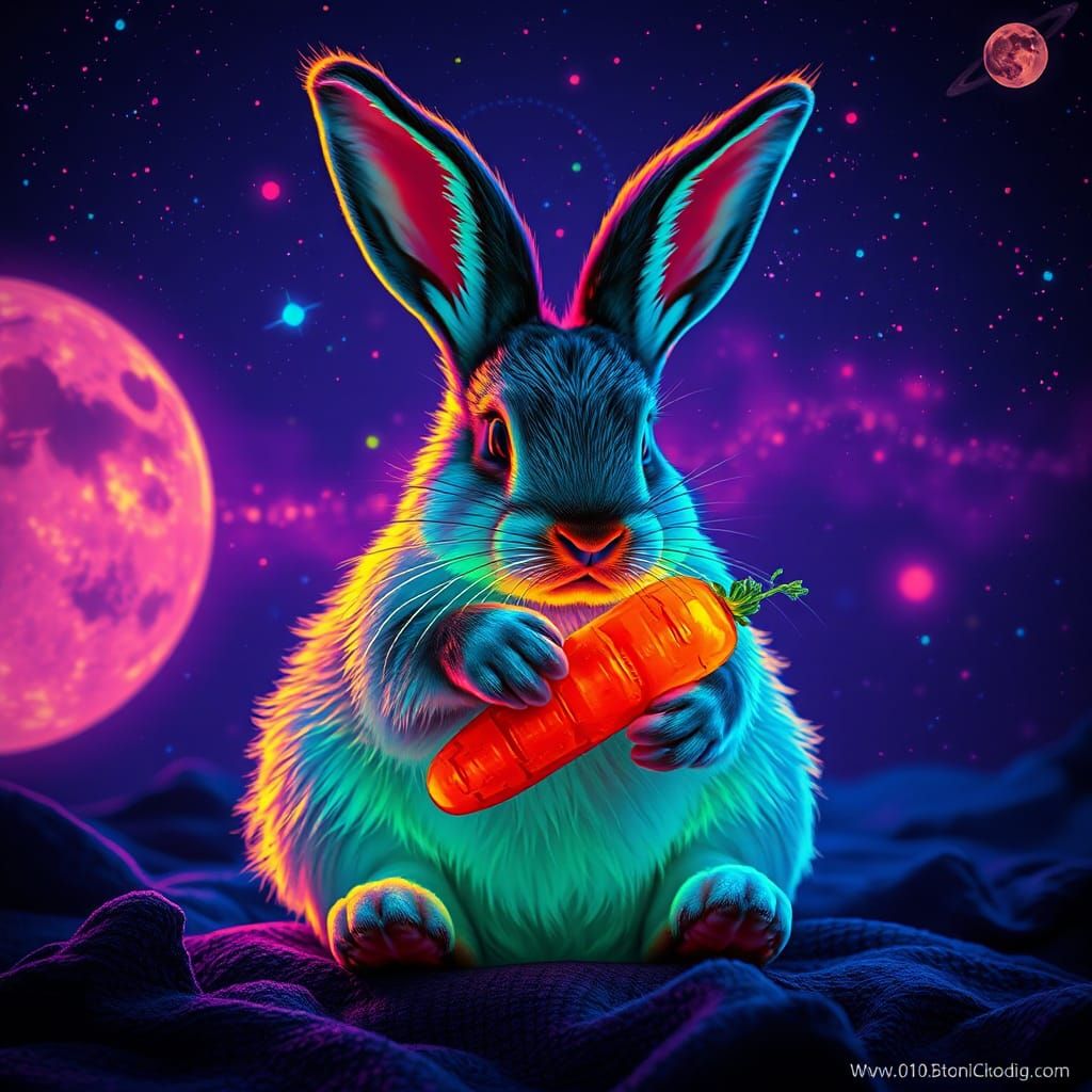 Bioluminescent Bunny's Cosmic Carrot Feast in Space