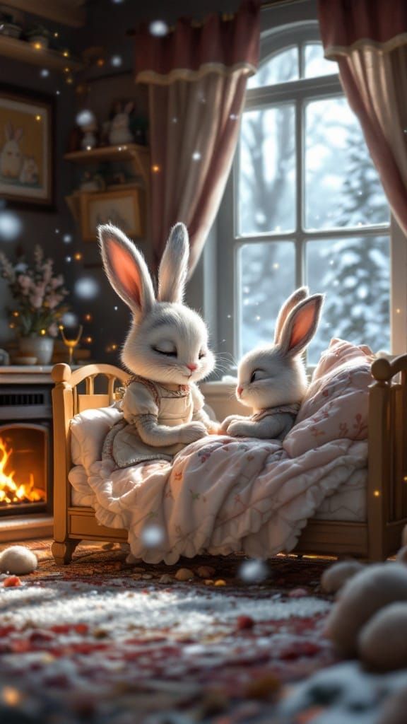 Surreal Animated Bunny Mother Tucks Baby into Cozy Fireplace...