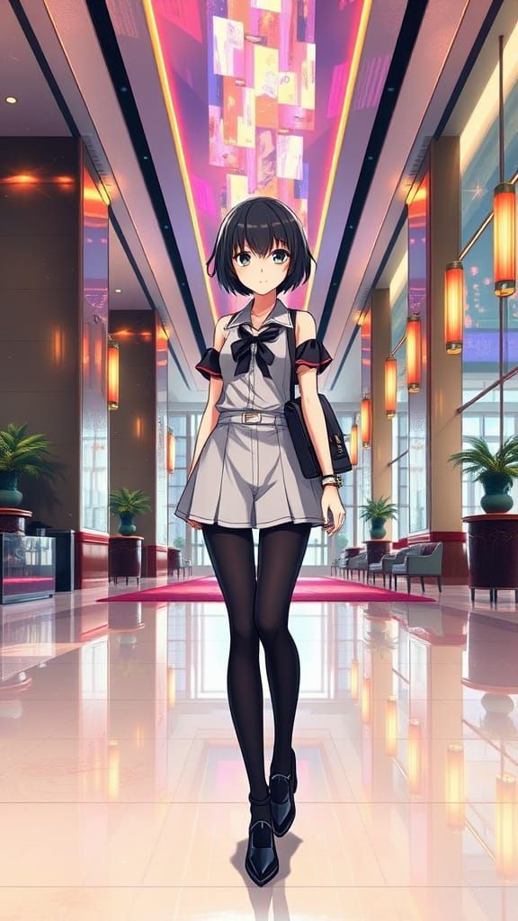 Surreal Anime Neko Girl in Chic Hotel Lobby