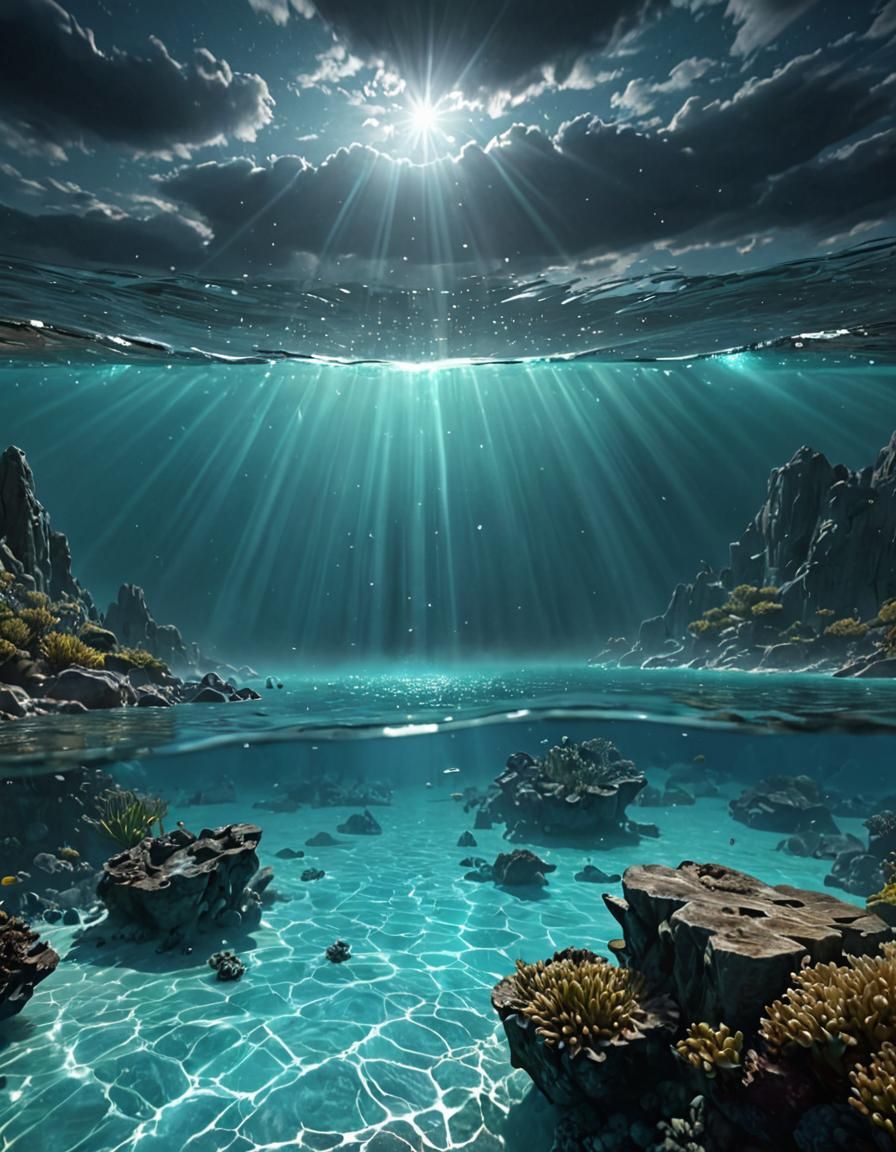 Otherworldly Turquoise Water Under Dark Sky in Fantasy Art