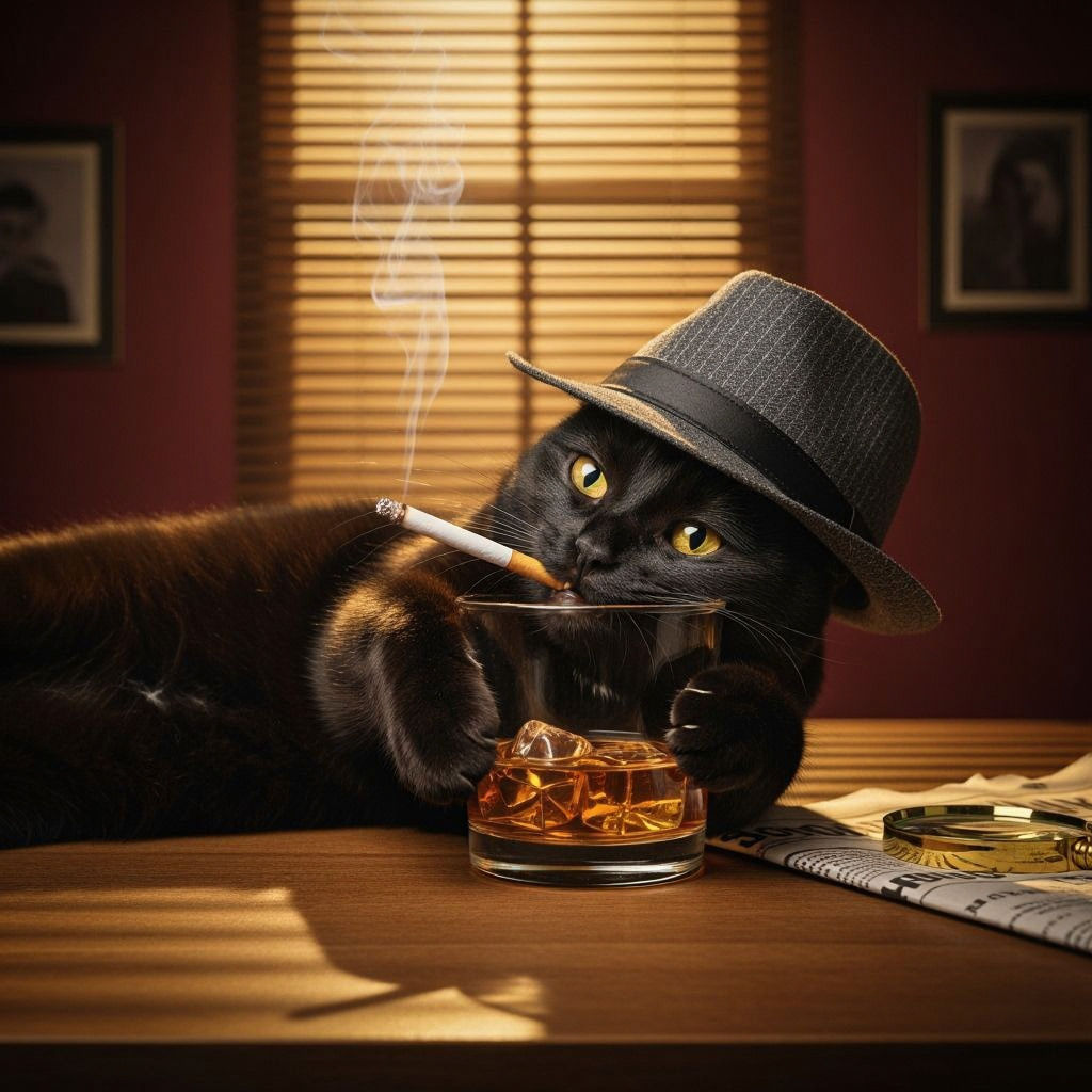 Noir Black Cat with Fedora and Liquor