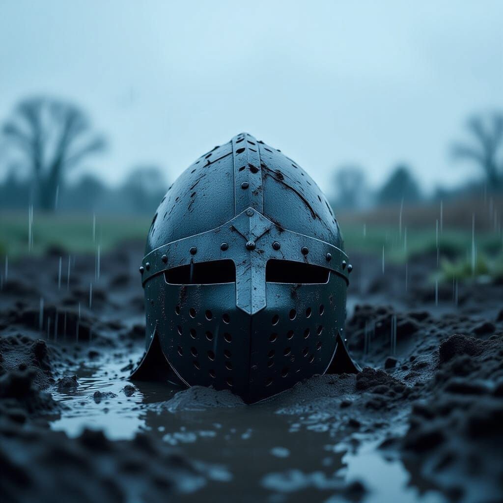 Melancholic Medieval Helmet in Rainy Landscape