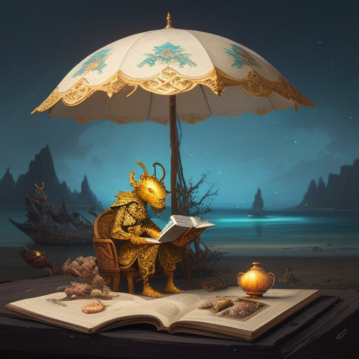 Whimsical Fantasy Portrait of an Ant Reading on a Beach