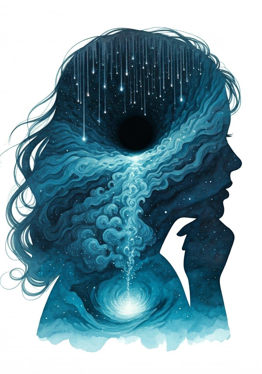 Cosmic Dreams: Woman Silhouetted by Stars in Black Hole