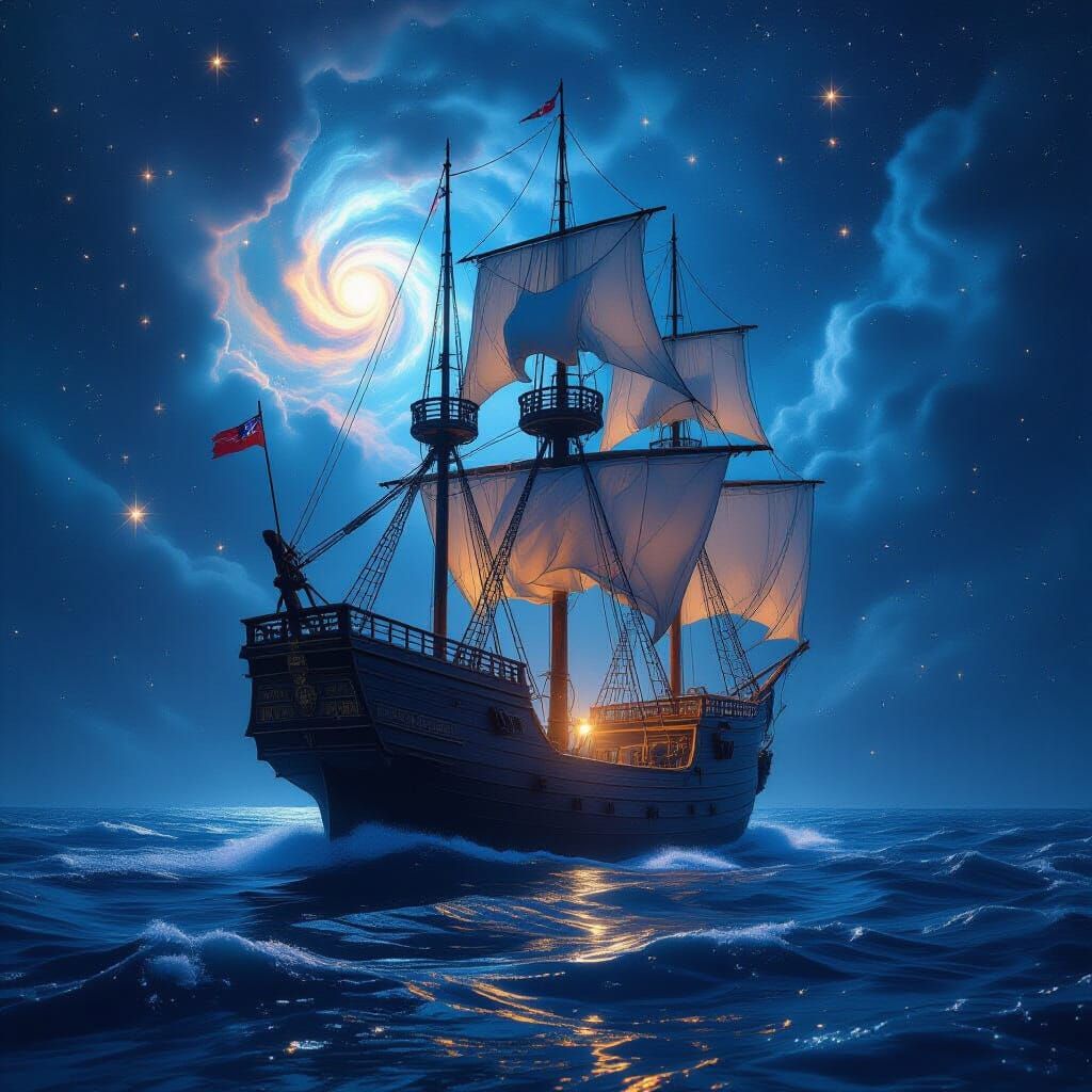 Cosmic Galleon Sailing Through Nebulae in Ethereal Glow